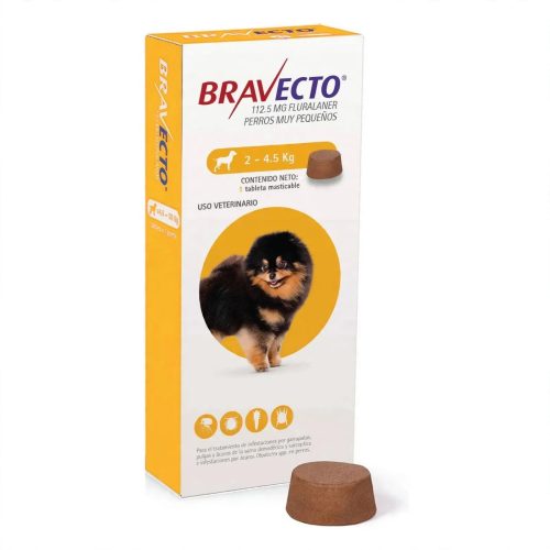 BRAVECTO AMARILLO Bravecto Masticable 2–4.5 kg · 1 tableta de 112.5 mg · Protección por 3 meses contra pulgas y garrapatas. mistermascotas.com +1