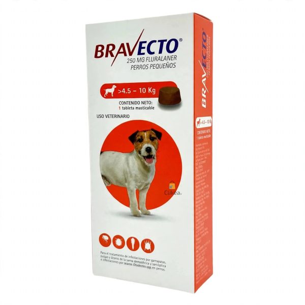 BRAVECTO NARANJA Bravecto Masticable 4.5–10 kg · 1 tableta de 250 mg · Protección por 3 meses contra pulgas y garrapatas. mistermascotas.com +1