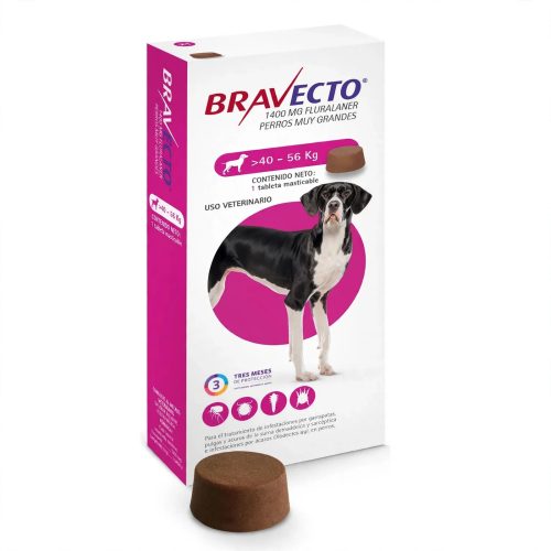 BRAVECTO ROSA Bravecto Masticable 40–56 kg · 1 tableta de 1,400 mg · Protección por 3 meses contra pulgas y garrapatas.