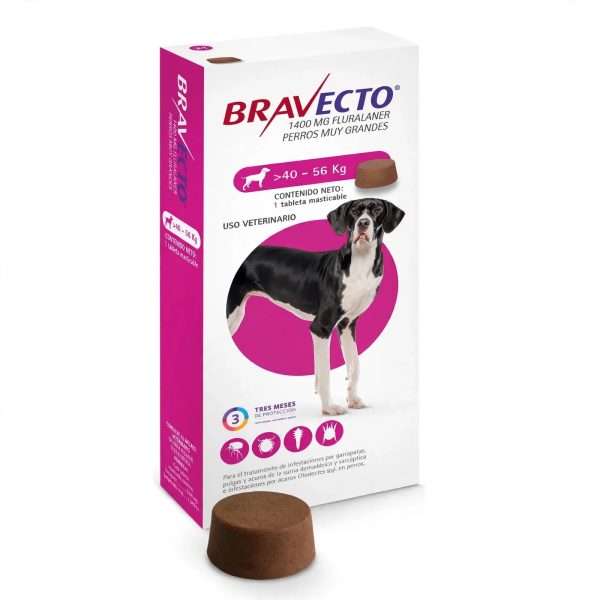 BRAVECTO ROSA Bravecto Masticable 40–56 kg · 1 tableta de 1,400 mg · Protección por 3 meses contra pulgas y garrapatas.