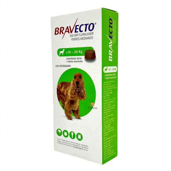 BRAVECTO VERDE Bravecto Masticable 10–20 kg · 1 tableta de 500 mg · Protección por 3 meses contra pulgas y garrapatas.