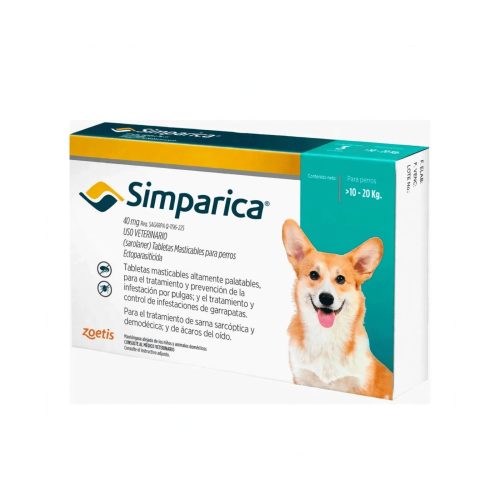 SIMPARICA 10 A 20 KG 2 Simparica 40 mg · 1 tableta masticable para perros de 10 a 20 kg · Protección mensual contra pulgas, garrapatas y ácaros.