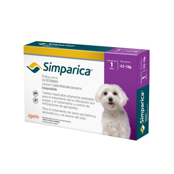 SIMPARICA 2.5 A 5 KG Simparica 10 mg · 1 tableta masticable para perros de 2.5 a 5 kg · Protección mensual contra pulgas, garrapatas y ácaros.