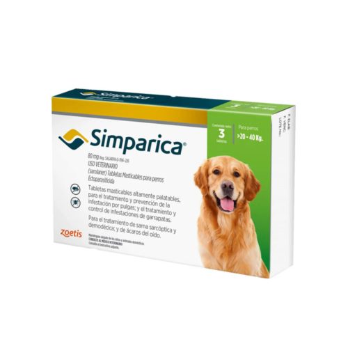 SIMPARICA 2O A 40 KG Simparica 80 mg · 3 tabletas masticables para perros de 20 a 40 kg · Protección mensual contra pulgas, garrapatas y ácaros.