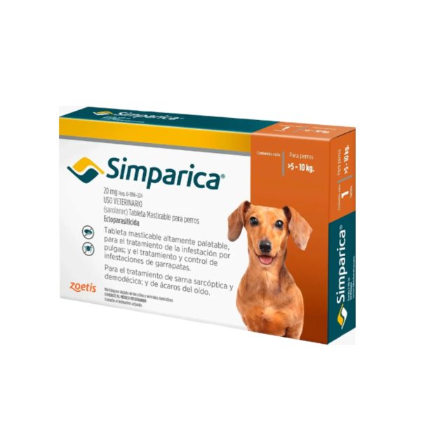 SIMPARICA 5 - 10 KG Simparica 20 mg · 1 tableta masticable para perros de 5 a 10 kg · Protección mensual contra pulgas, garrapatas y ácaros.